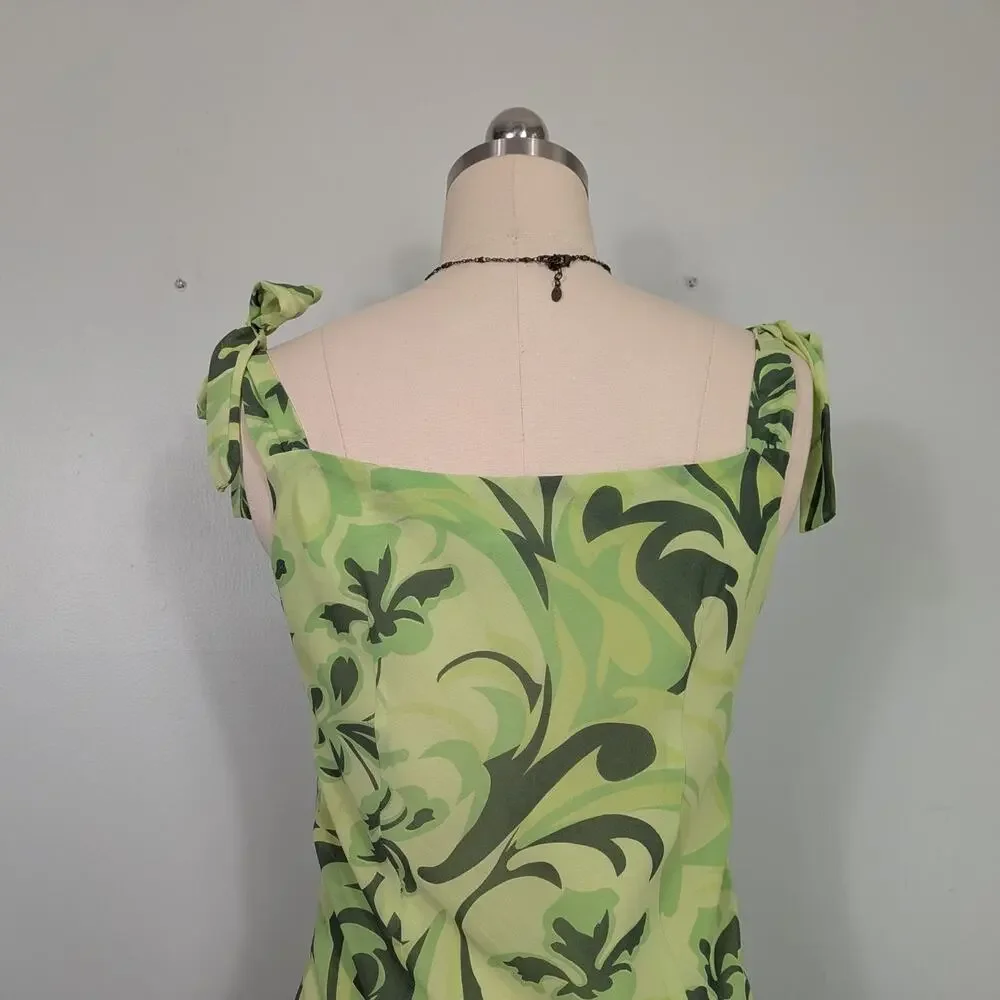 Vintage Maxi Dress L Green Babydoll Y2K Empire Floral Ruffle Lace Sleeveless
